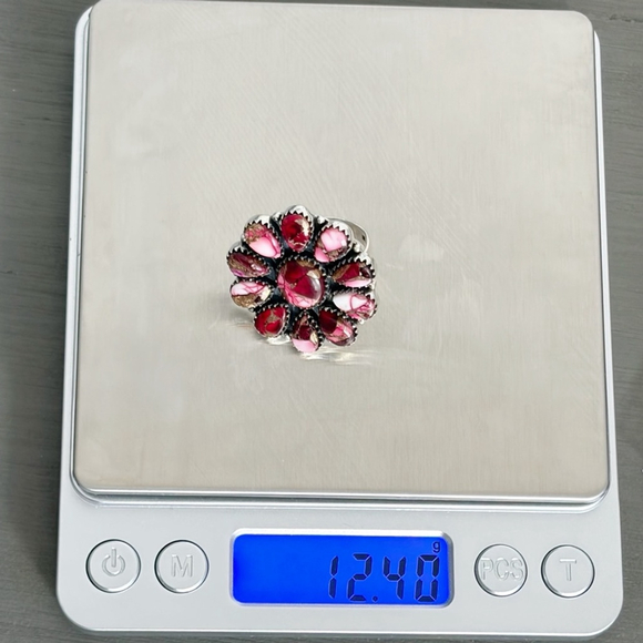 Pure Sterling Silver 925 Red Dahlia Turquoise Cluster Ring Size 7 Navajo Style - Picture 12 of 12